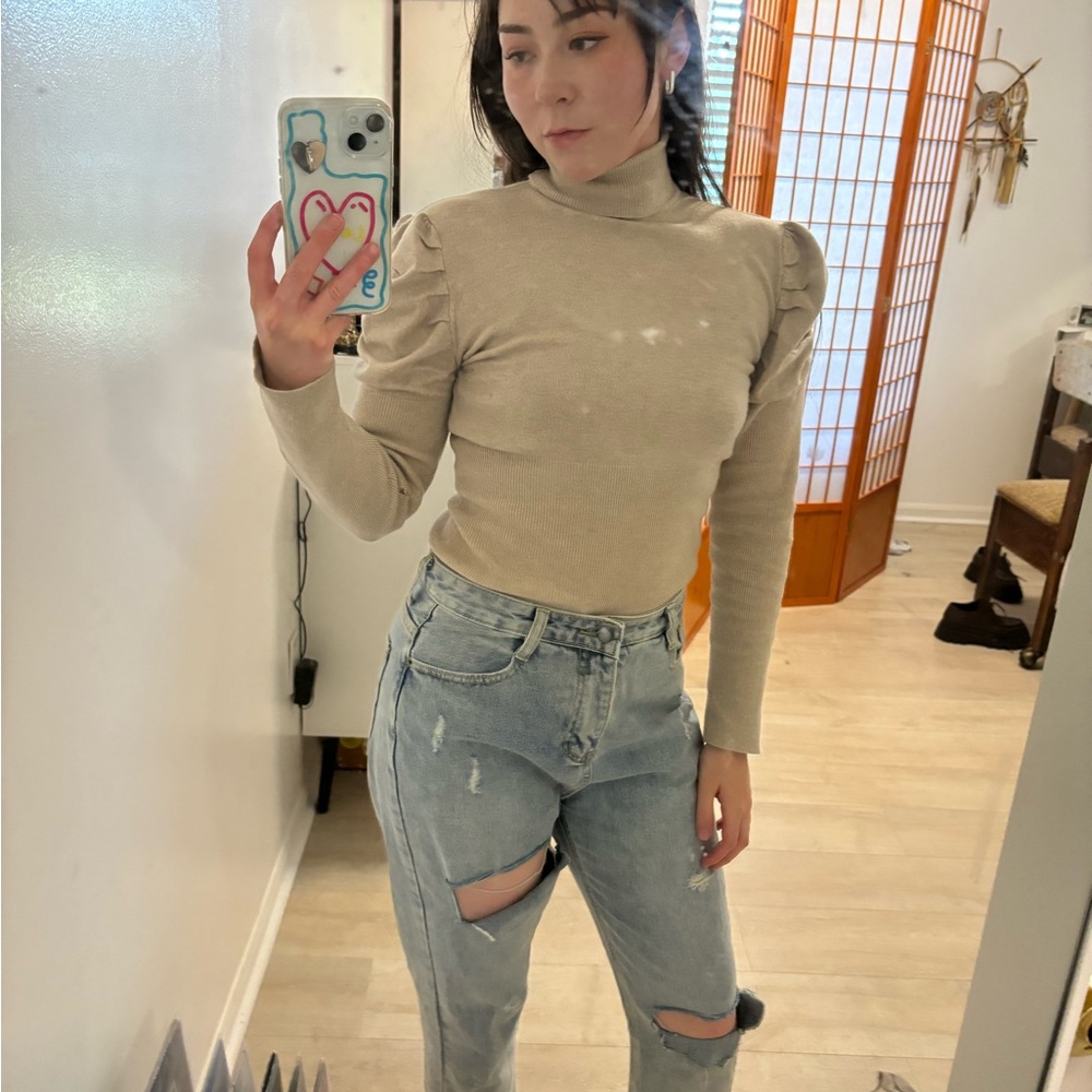 Beige Turtleneck Puff Sleeve Top